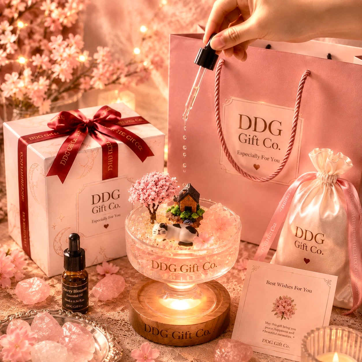 Romantic Sakura Night Light Room Decor & Essential Oil Diffuser Set for Birthday, Anniversary & Valentine’s Day Gifts | DDG Gift Co.