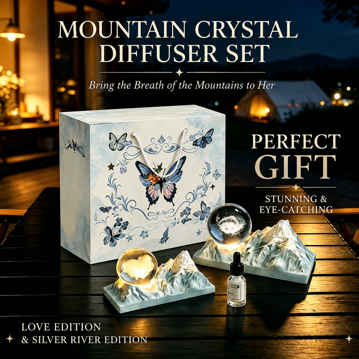 Snow Mountain Twin Peaks Crystal Ball Aromatherapy Ornament — Long-Lasting Fragrance Home Décor Gift Box