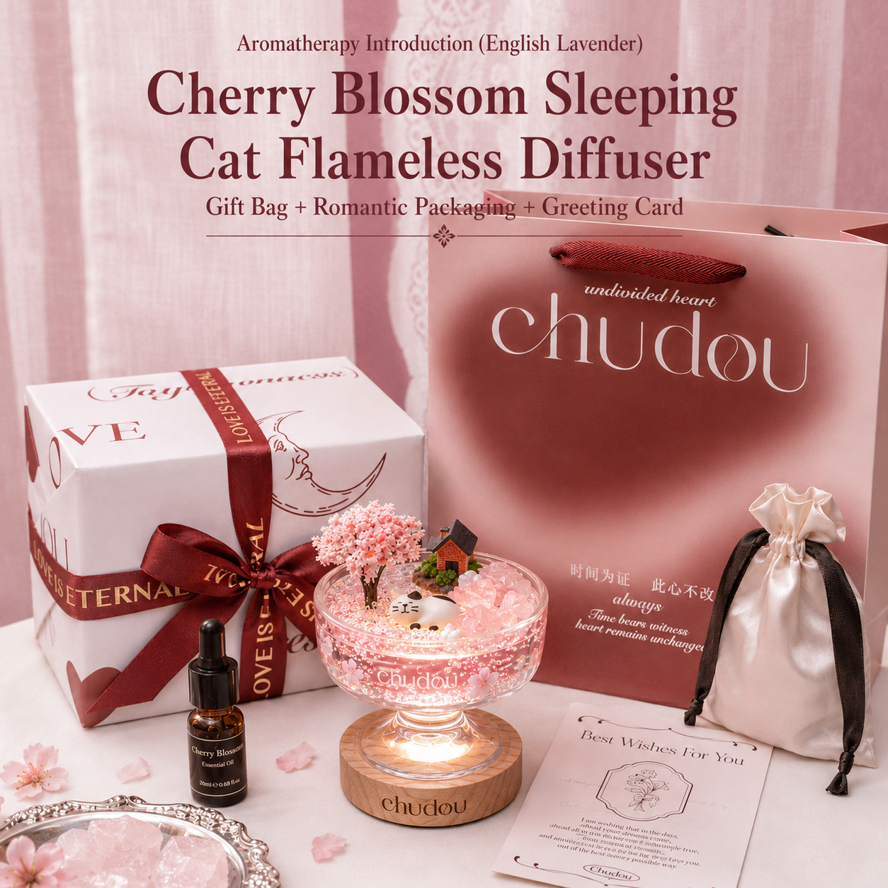 Romantic Sakura Night Light Room Decor & Essential Oil Diffuser Set for Birthday, Anniversary & Valentine’s Day Gifts | DDG Gift Co.