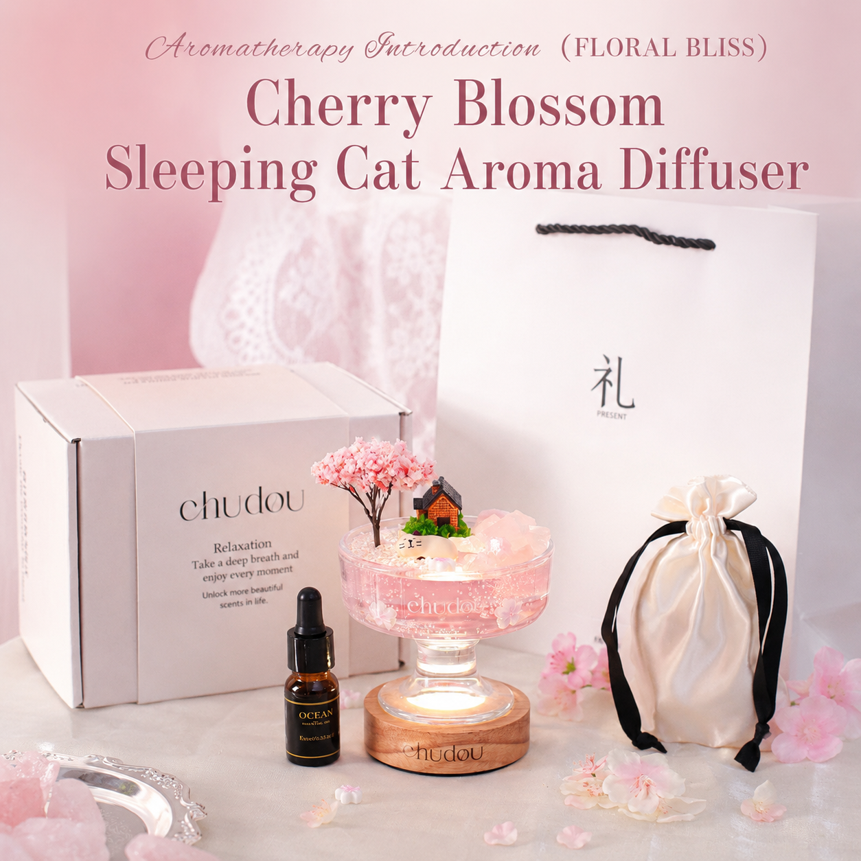 Romantic Sakura Night Light Room Decor & Essential Oil Diffuser Set for Birthday, Anniversary & Valentine’s Day Gifts | DDG Gift Co.