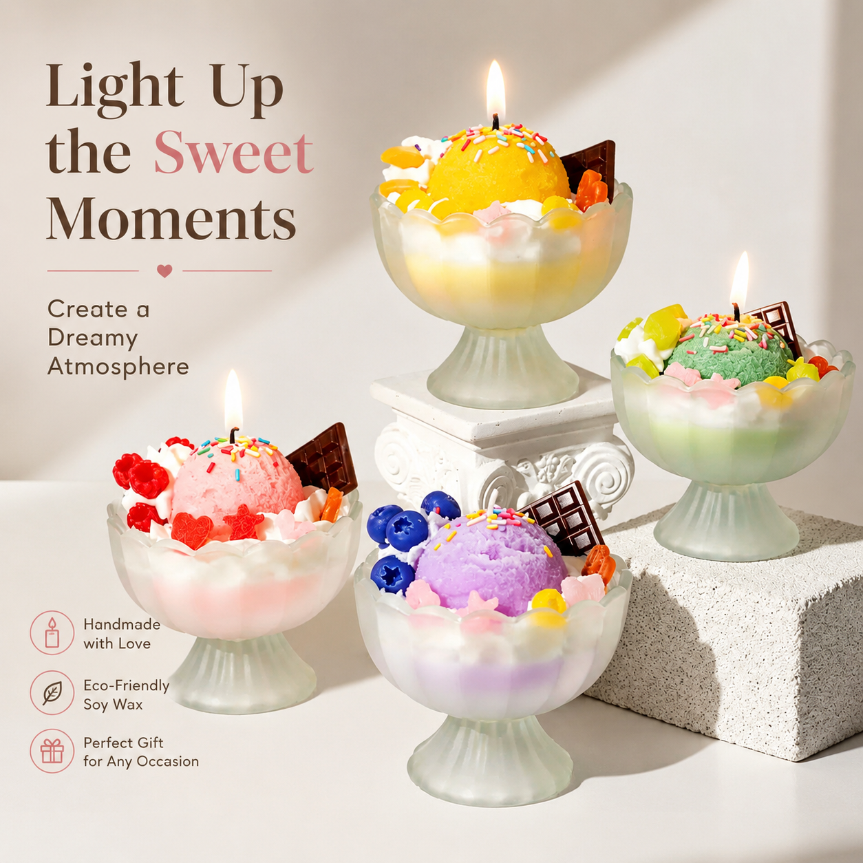 🍨 Sundae Dreams Scented Candles - Dessert-Inspired Soy Candles, 6 Fragrances